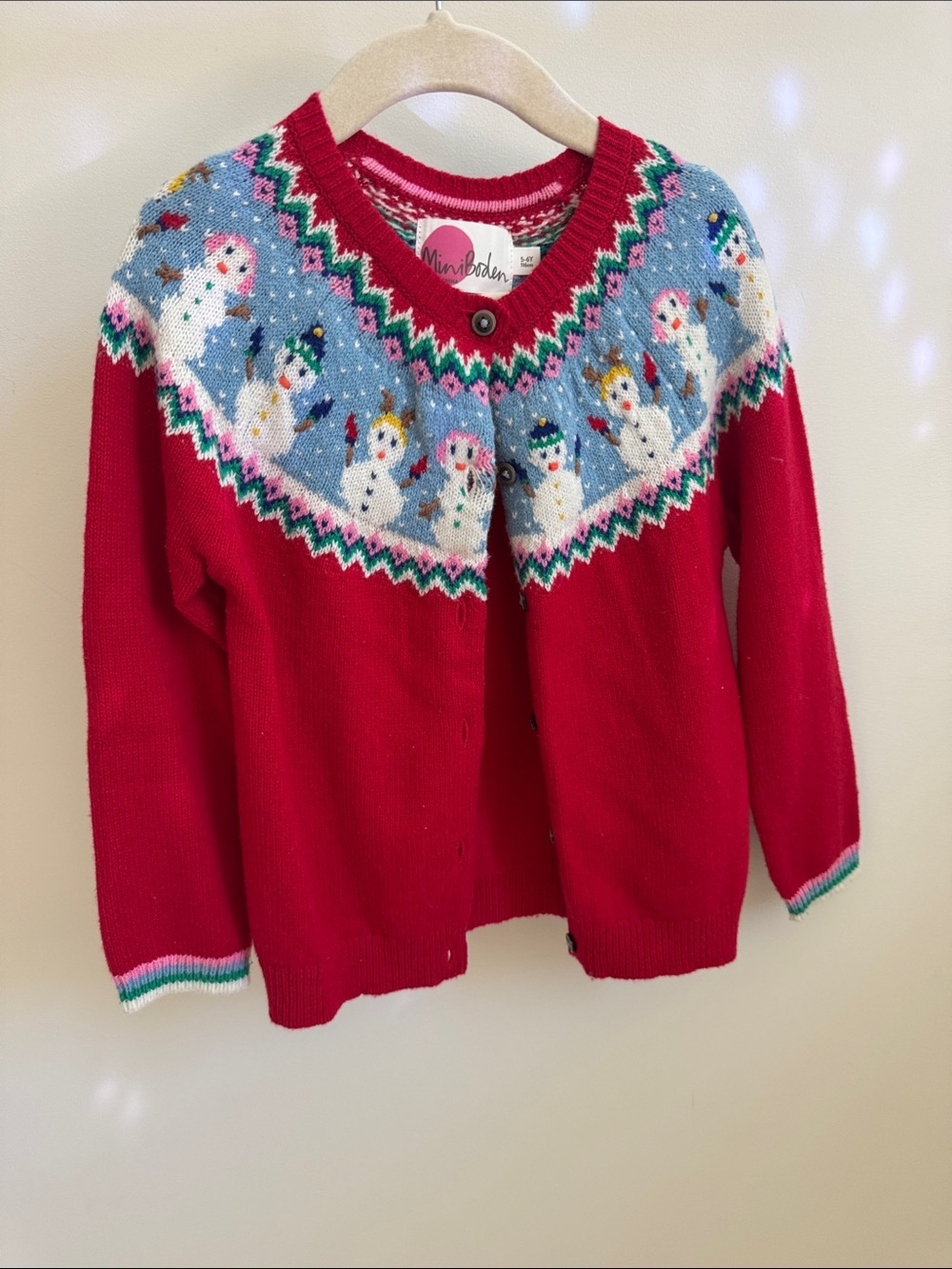 Mini Boden Red Holiday Snowman Cardigan